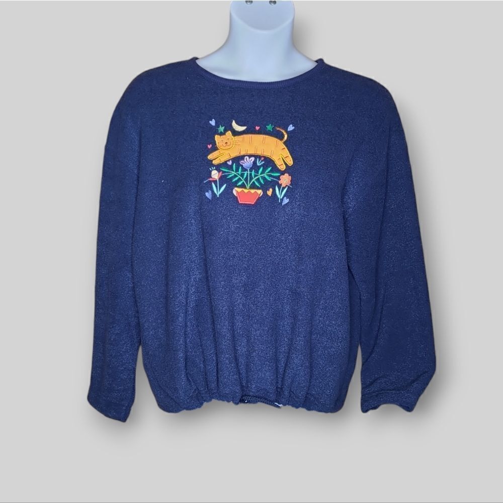 VINTAGE 90s blue fleece embroidered cat floral‎ drawstring sweatshirt sweater XL